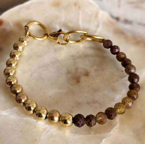 Natural Orange Yellow Sapphire & Gold Balls In Half And Half Beaded Bracelet - Picture 5 of 7